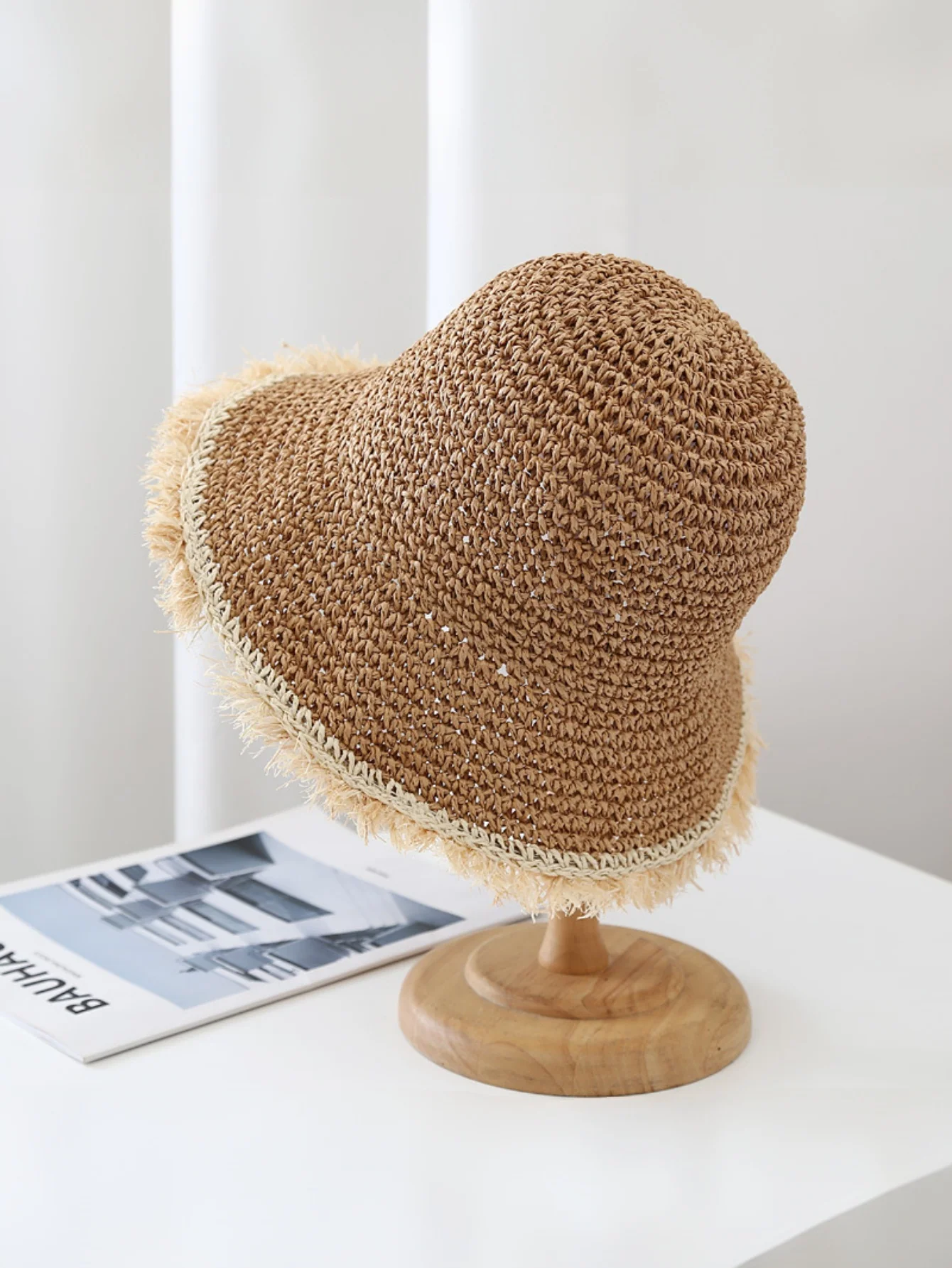 Wide-brimmed, Frayed Woven Straw Hat - Image 5