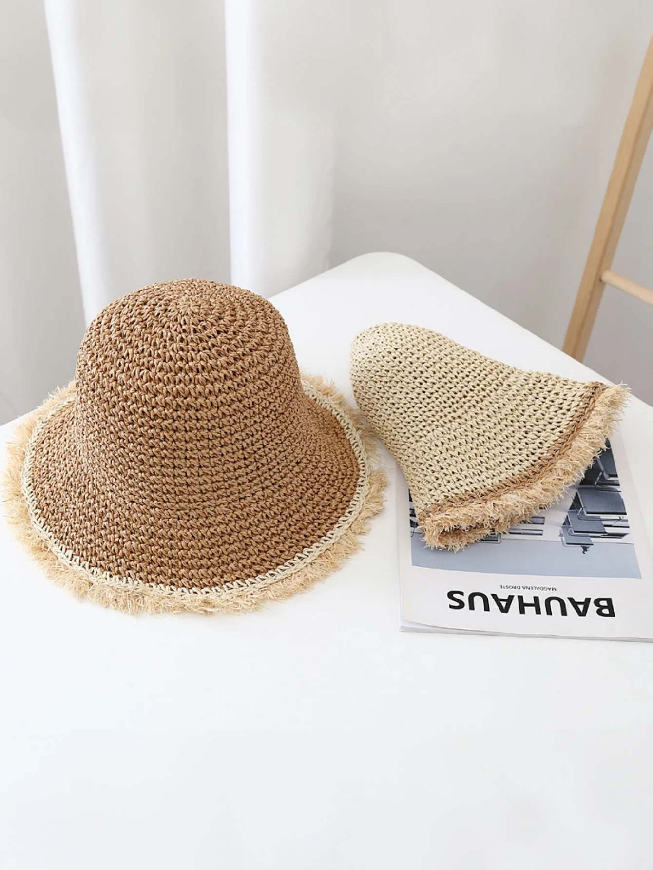 Wide-brimmed, Frayed Woven Straw Hat - Image 6
