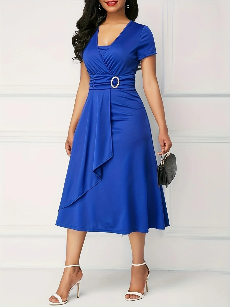 Grace Asymmetrical Knitting Large Skirt V-neck Midi Dresses - Image 3