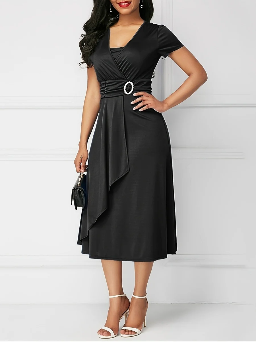 Grace Asymmetrical Knitting Large Skirt V-neck Midi Dresses - Image 4