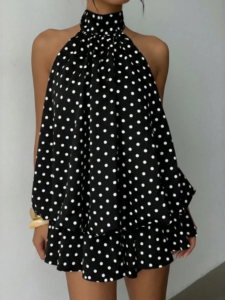 Halter Backless Lace Up Bud Polka Dots Mini&Short Dresses - Image 10