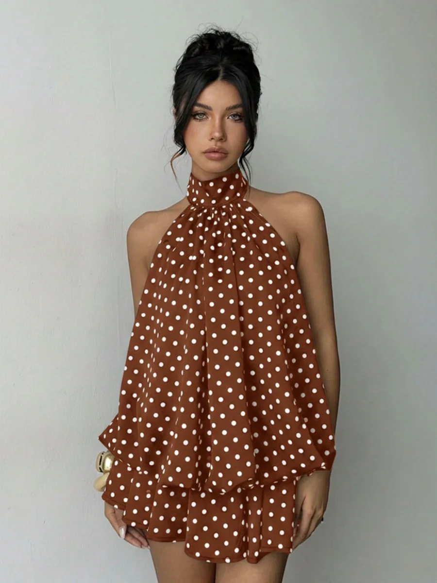 Halter Backless Lace Up Bud Polka Dots Mini&Short Dresses - Image 11