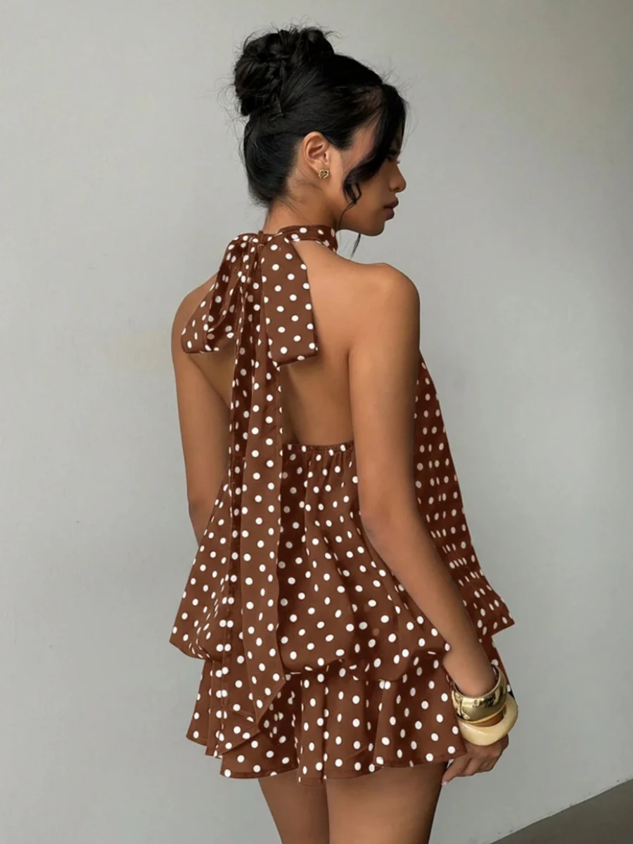 Halter Backless Lace Up Bud Polka Dots Mini&Short Dresses - Image 12
