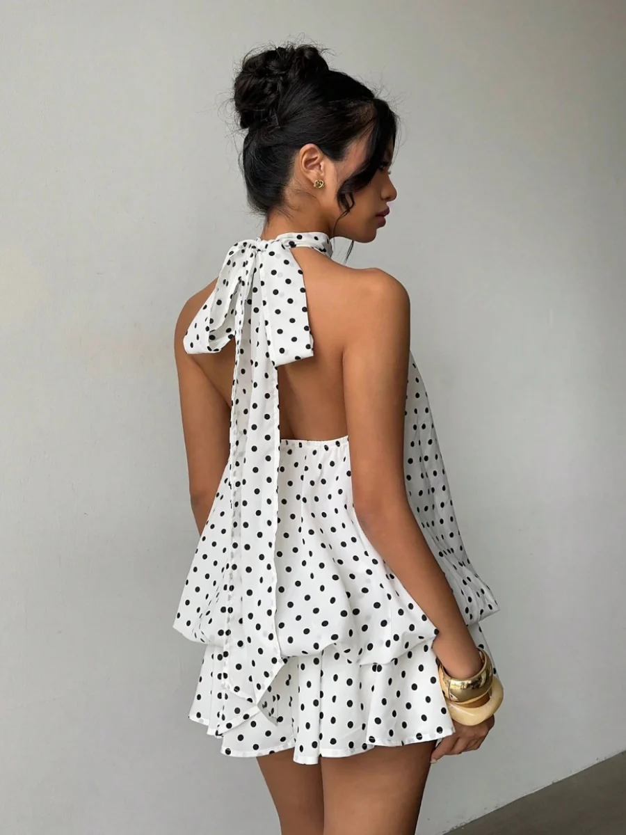 Halter Backless Lace Up Bud Polka Dots Mini&Short Dresses - Image 2