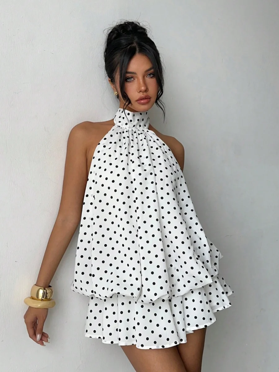 Halter Backless Lace Up Bud Polka Dots Mini&Short Dresses - Image 3