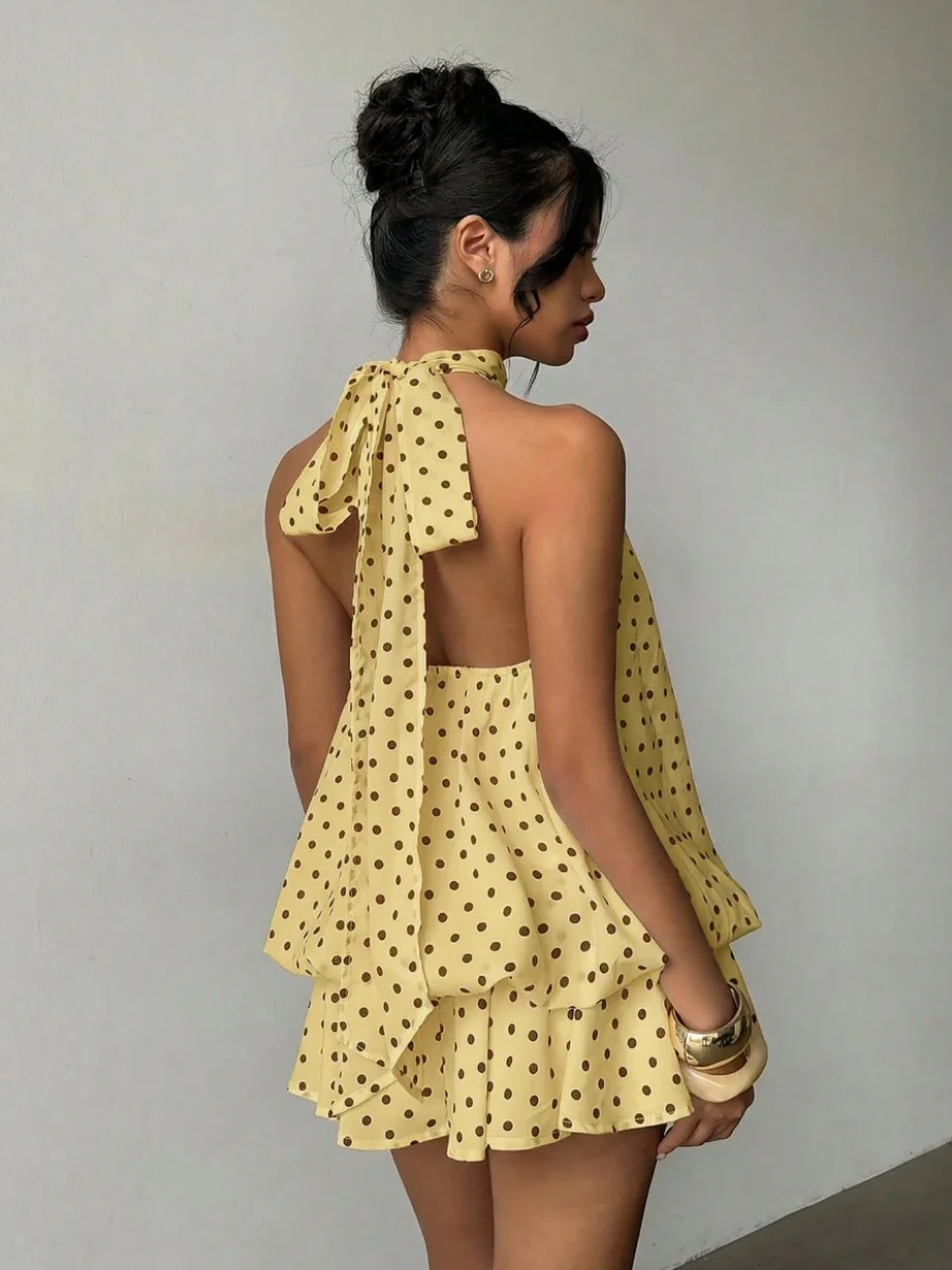 Halter Backless Lace Up Bud Polka Dots Mini&Short Dresses - Image 7