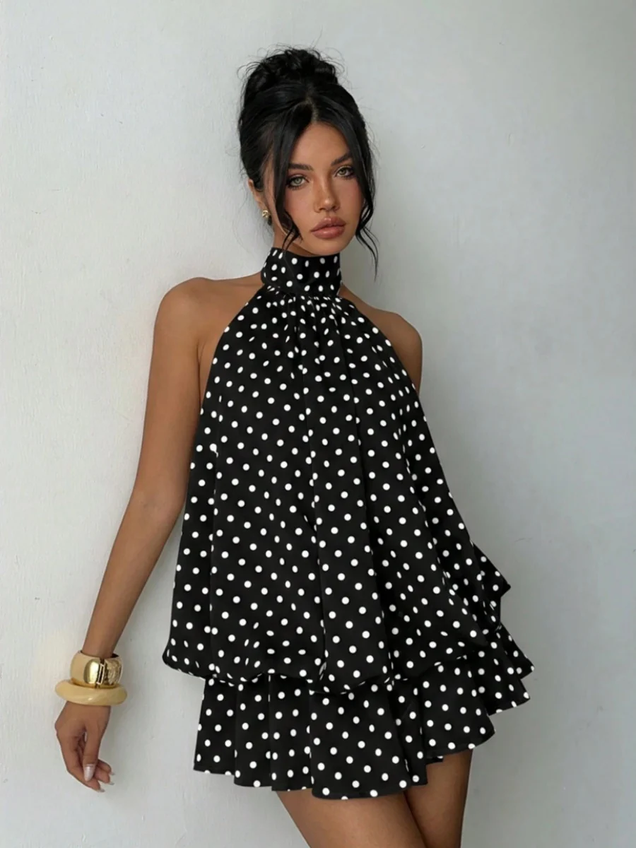 Halter Backless Lace Up Bud Polka Dots Mini&Short Dresses - Image 8