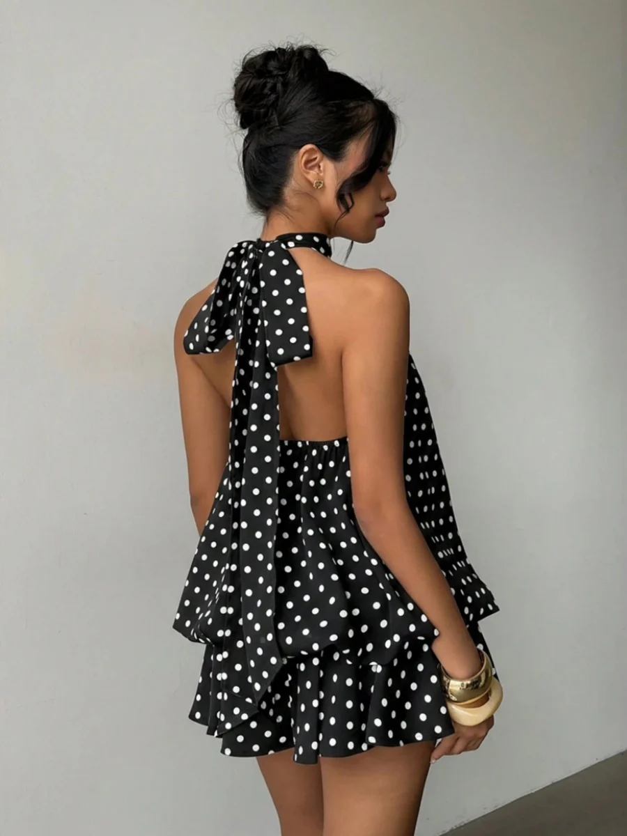 Halter Backless Lace Up Bud Polka Dots Mini&Short Dresses - Image 9