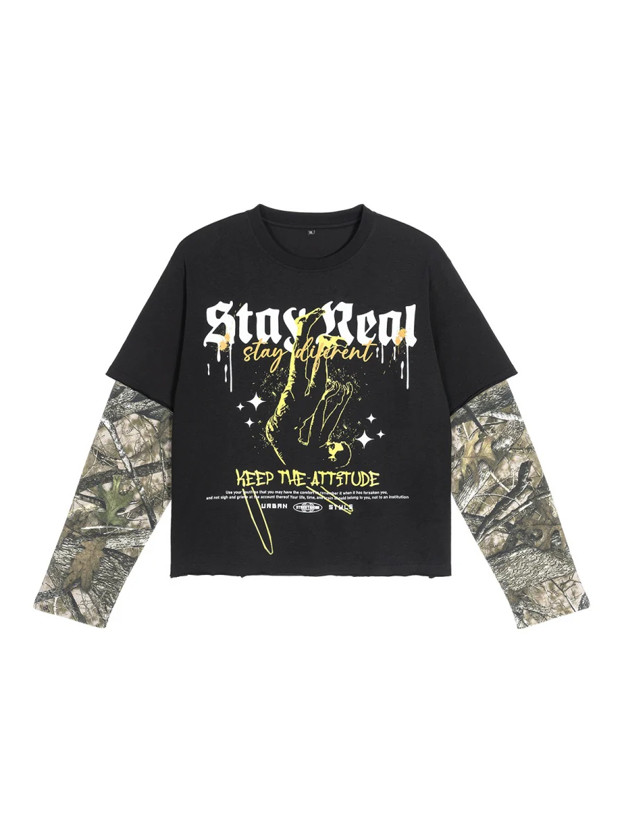 Retro Camouflage Layered-look Cropped Loose-fit T-shirts - Image 2