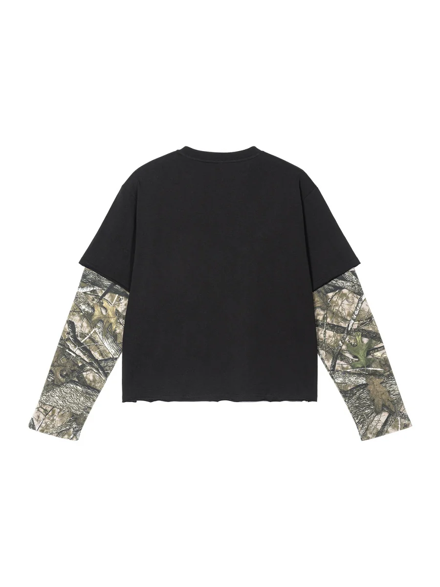 Retro Camouflage Layered-look Cropped Loose-fit T-shirts - Image 3