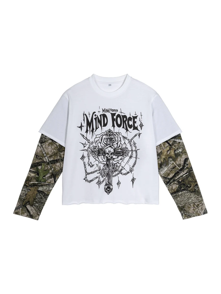 Retro Camouflage Layered-look Cropped Loose-fit T-shirts - Image 4