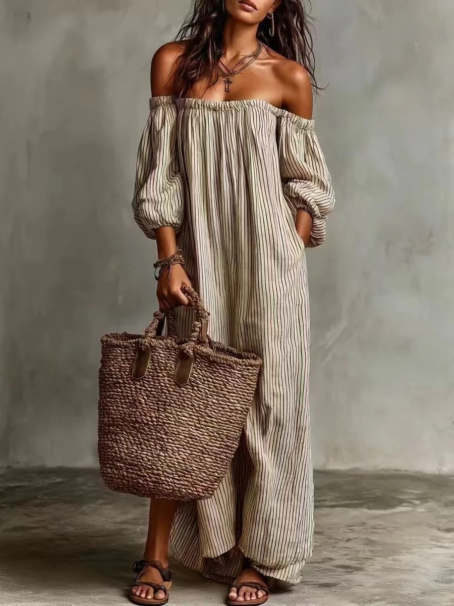 Striped Off-the-shoulder Long Dress