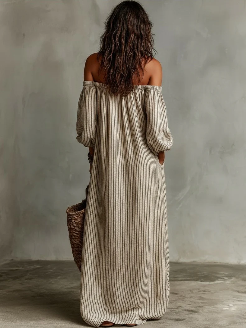 Striped Off-the-shoulder Long Dress - Image 2