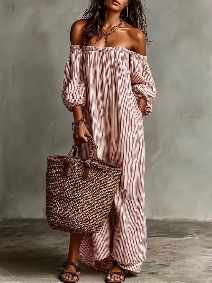 Striped Off-the-shoulder Long Dress - Image 3