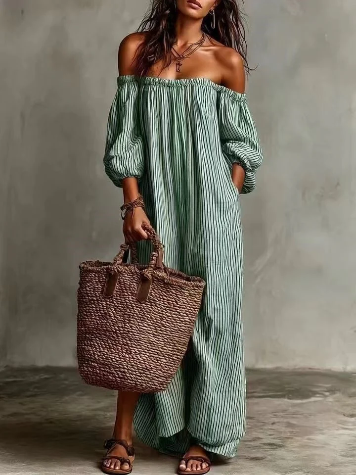 Striped Off-the-shoulder Long Dress - Image 4