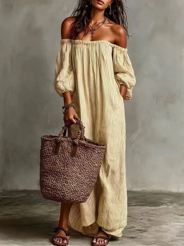 Striped Off-the-shoulder Long Dress - Image 5