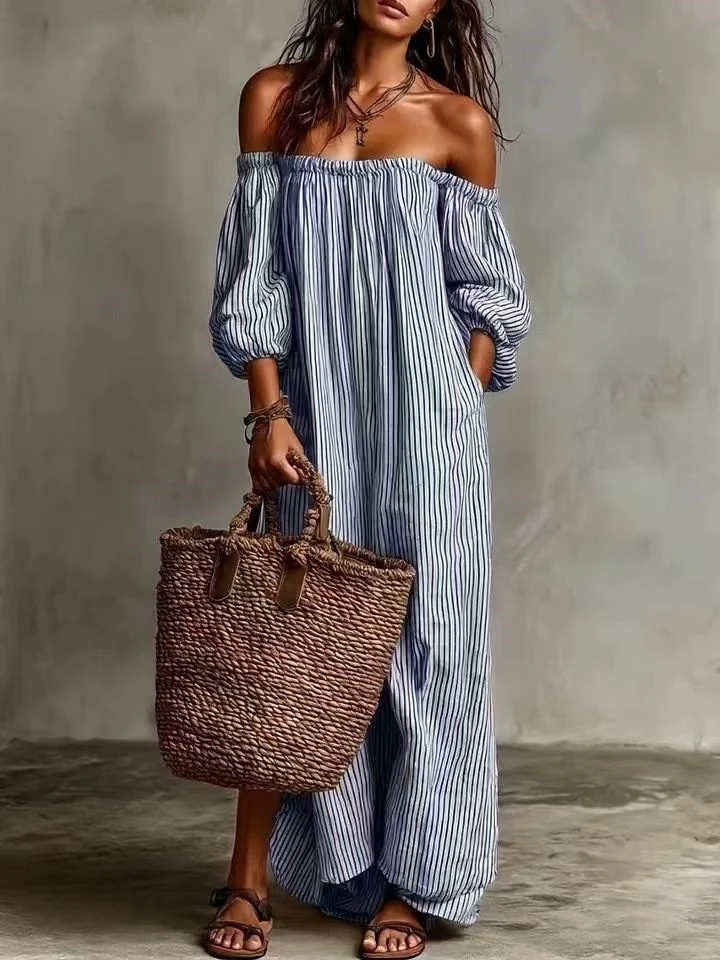 Striped Off-the-shoulder Long Dress - Image 6