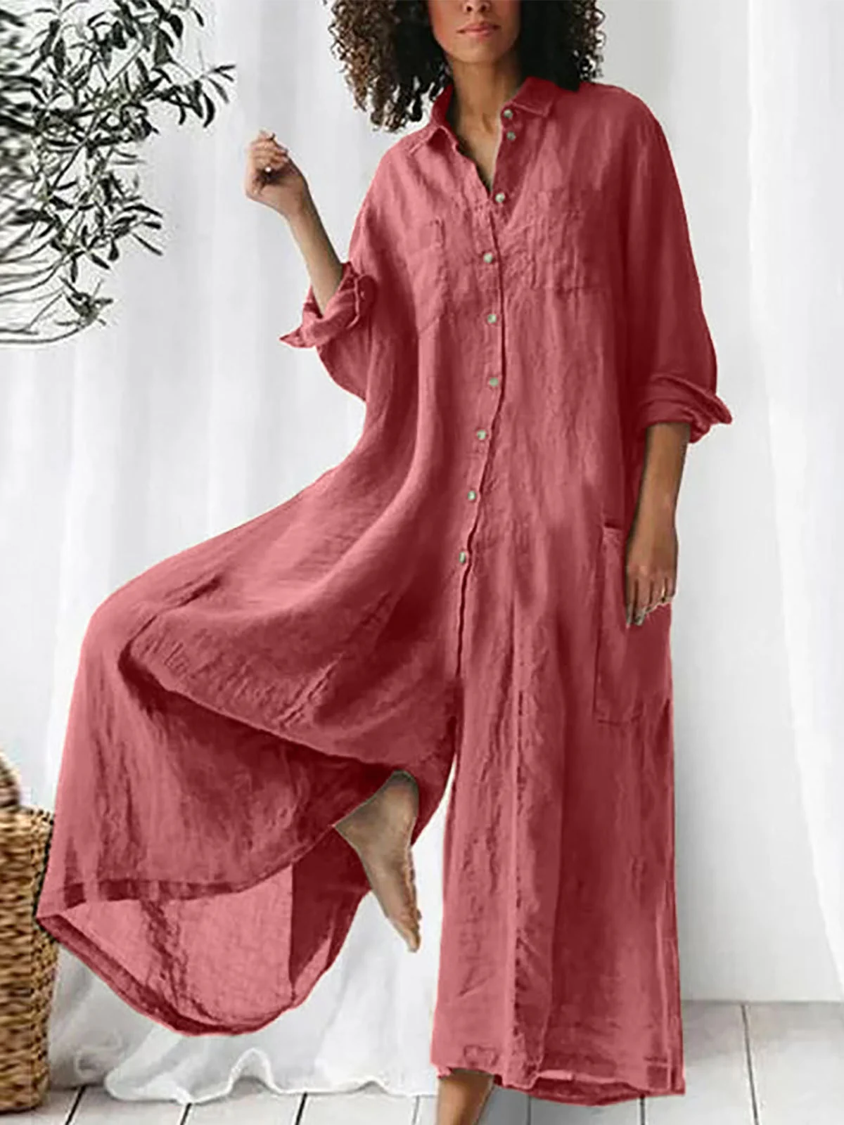 Long-sleeved Mid-length Cotton Linen Shirt Jumpsuit - Image 2