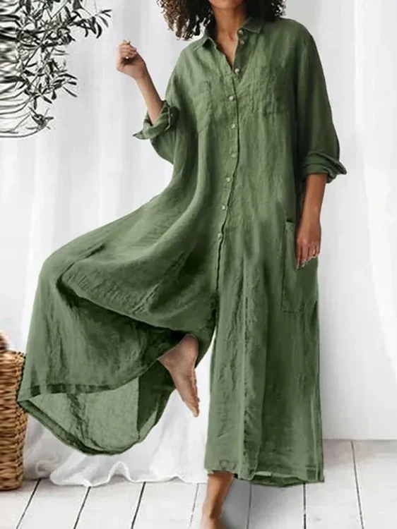 Long-sleeved Mid-length Cotton Linen Shirt Jumpsuit - Image 3