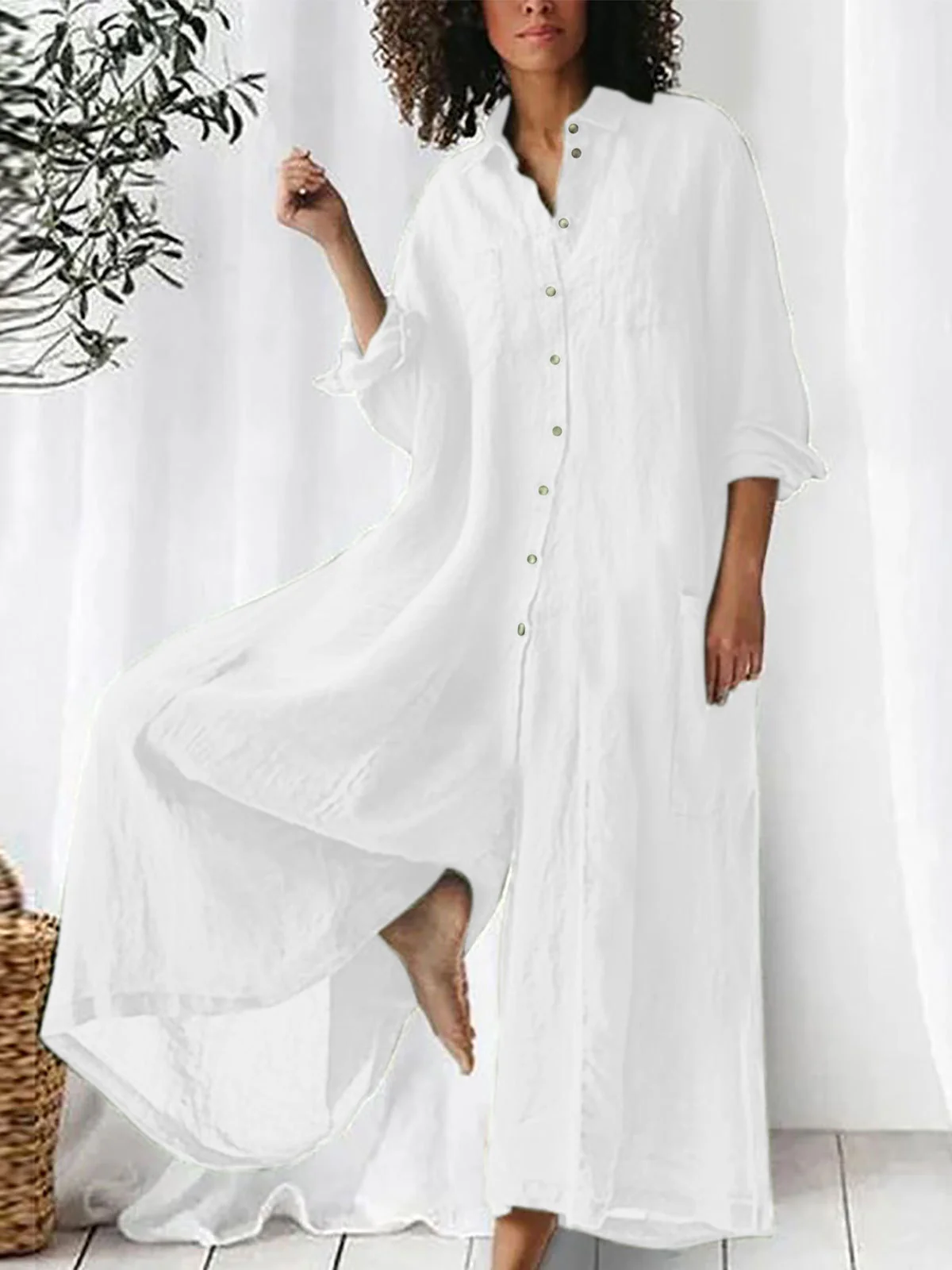 Long-sleeved Mid-length Cotton Linen Shirt Jumpsuit - Image 4