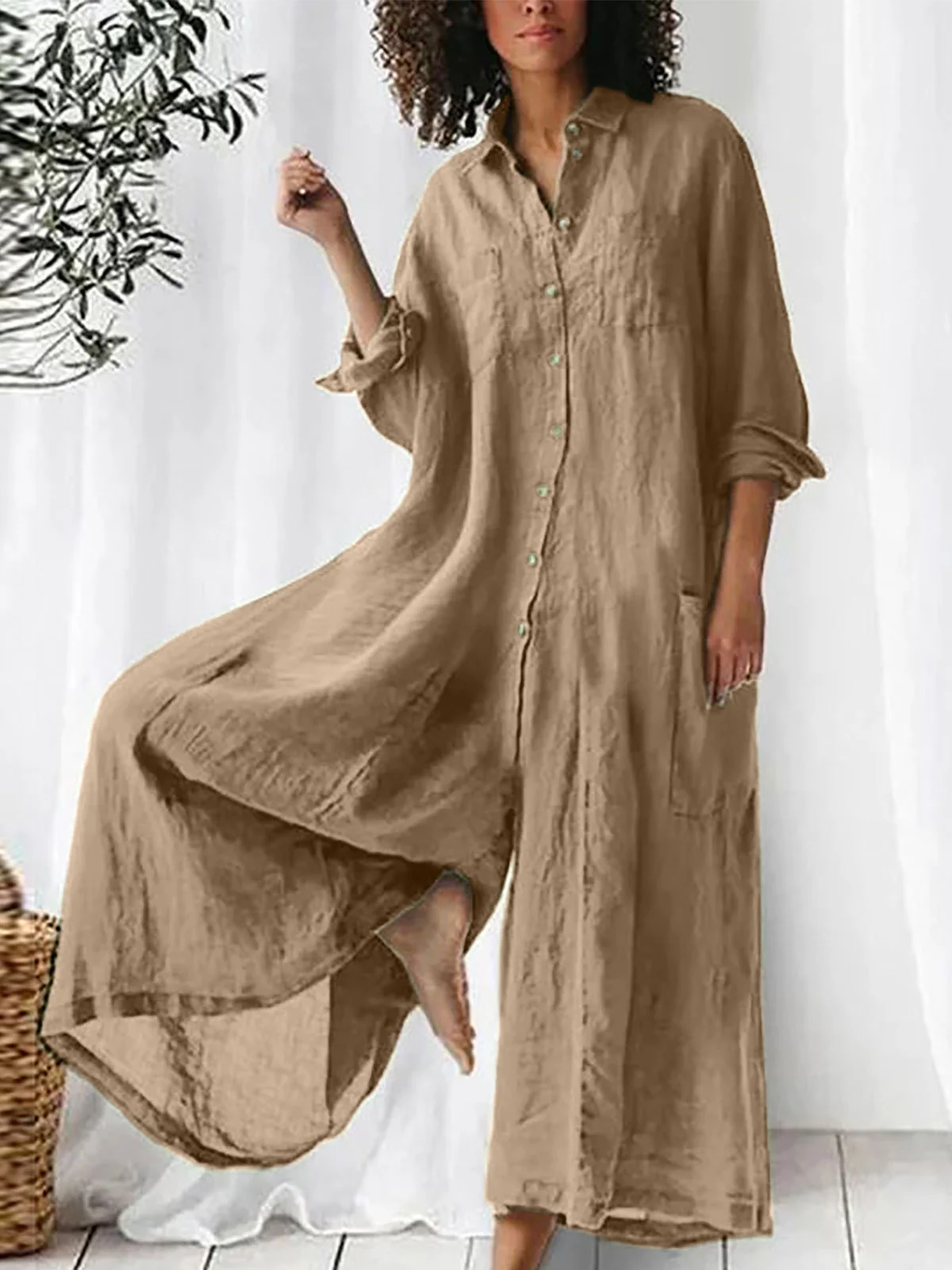 Long-sleeved Mid-length Cotton Linen Shirt Jumpsuit - Image 5