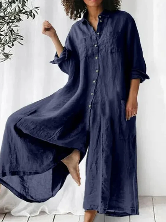 Long-sleeved Mid-length Cotton Linen Shirt Jumpsuit - Image 6