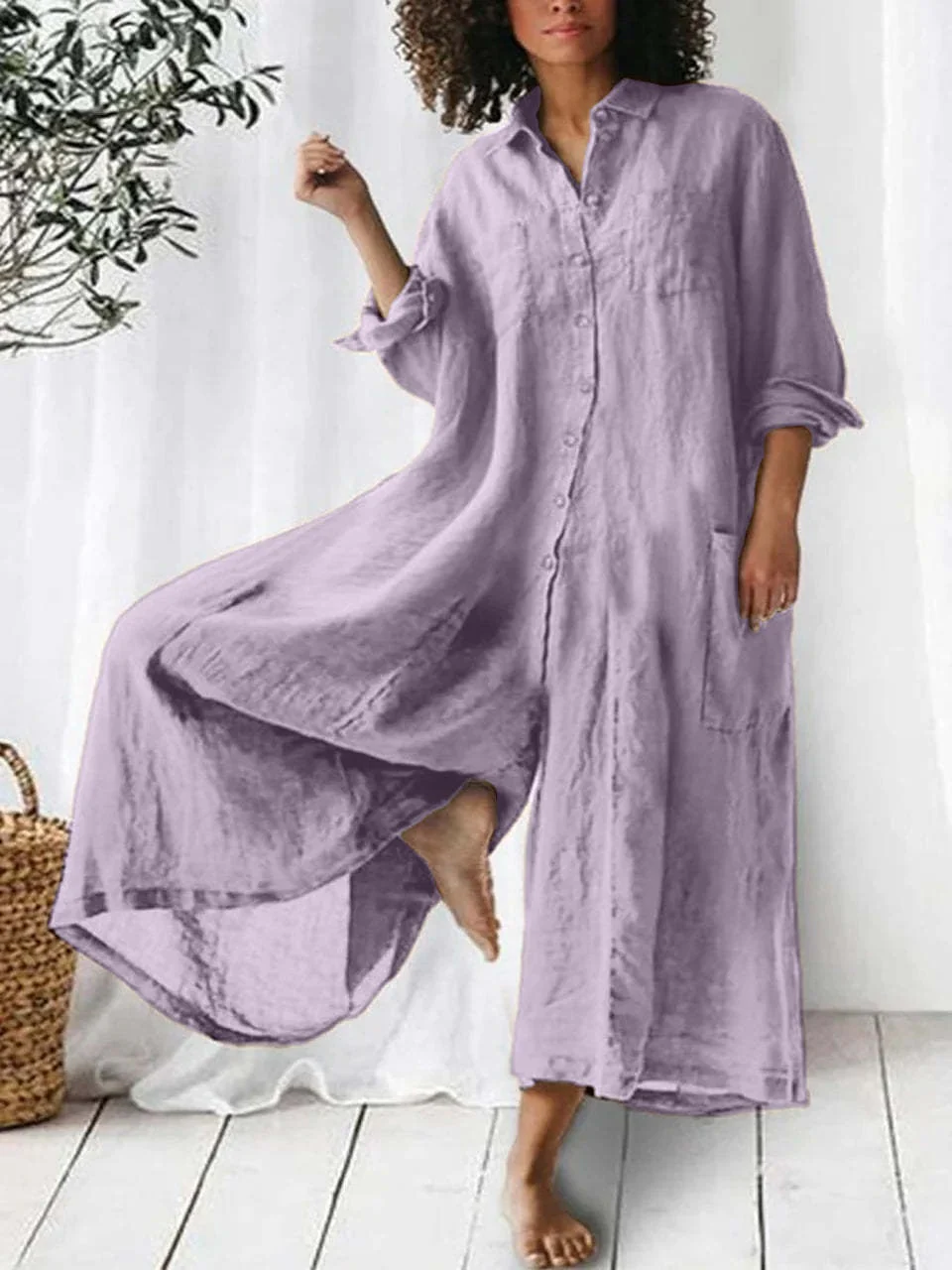 Long-sleeved Mid-length Cotton Linen Shirt Jumpsuit - Image 7