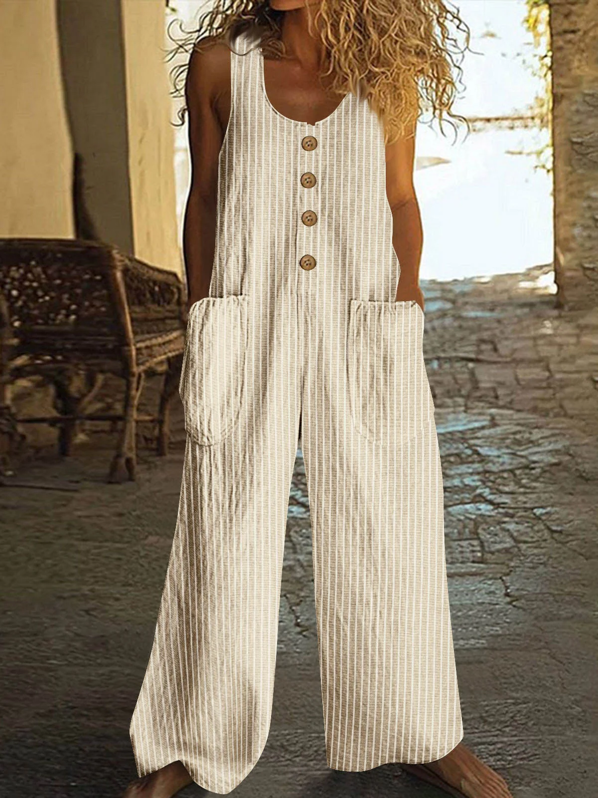 Button-up Pocket Loose Casual Striped Cotton Linen Overalls - Image 2