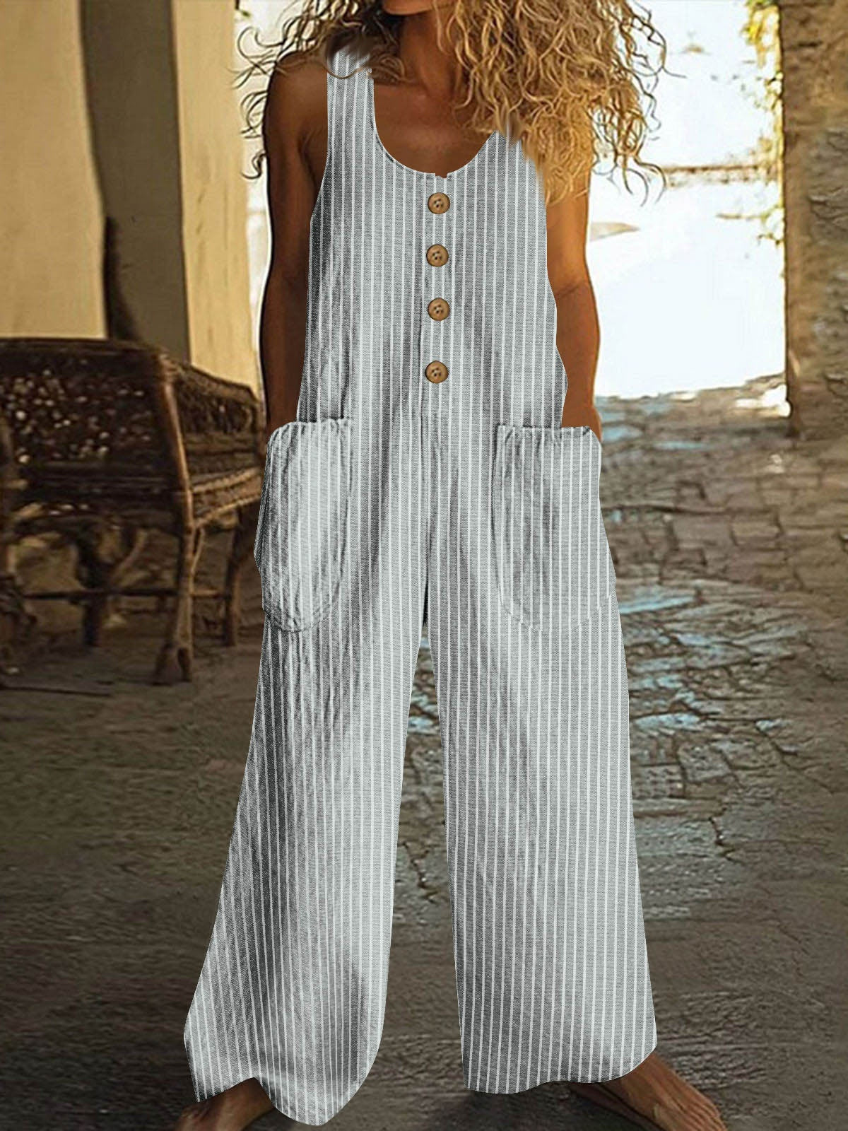 Button-up Pocket Loose Casual Striped Cotton Linen Overalls - Image 3