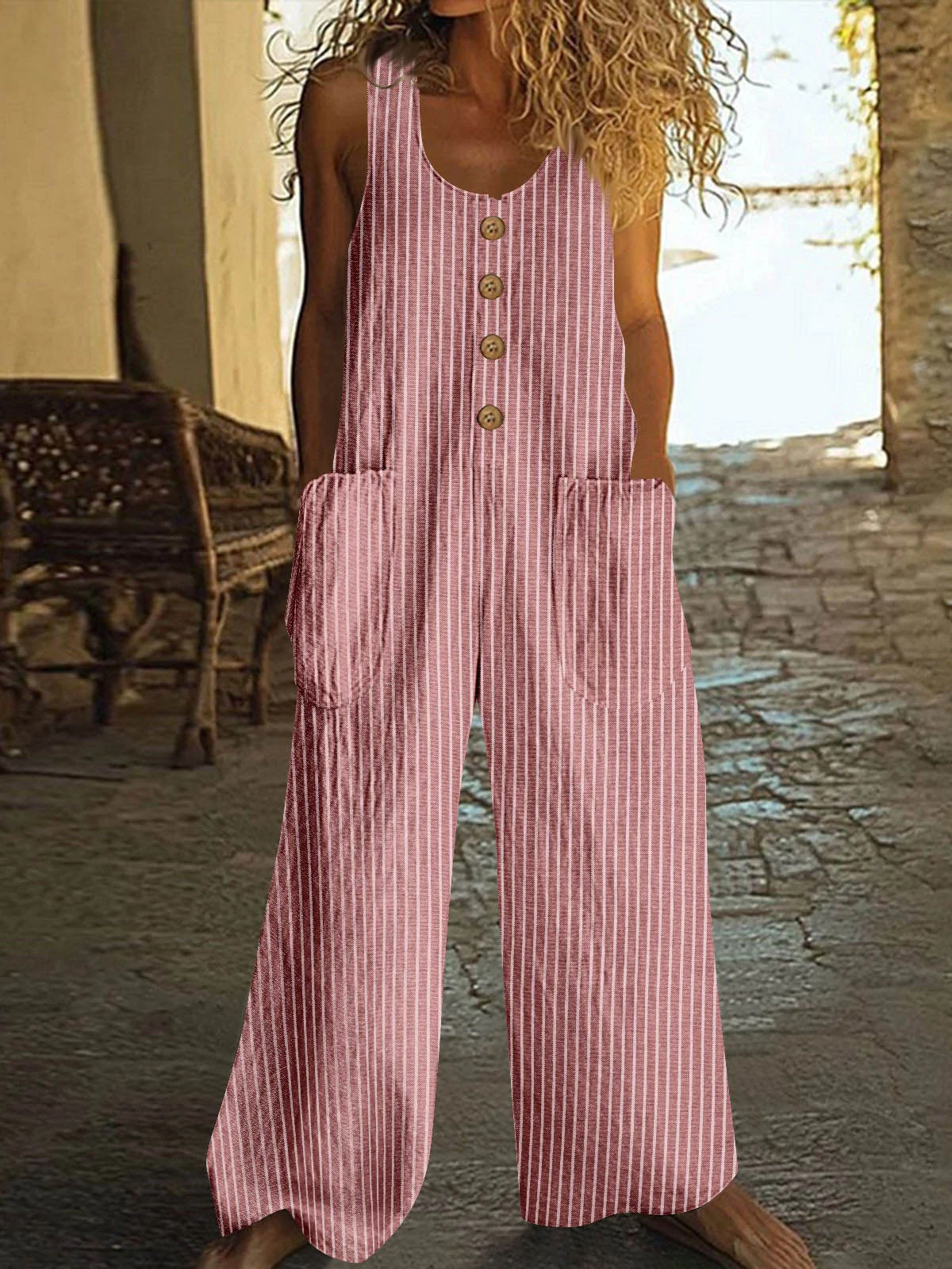 Button-up Pocket Loose Casual Striped Cotton Linen Overalls - Image 4