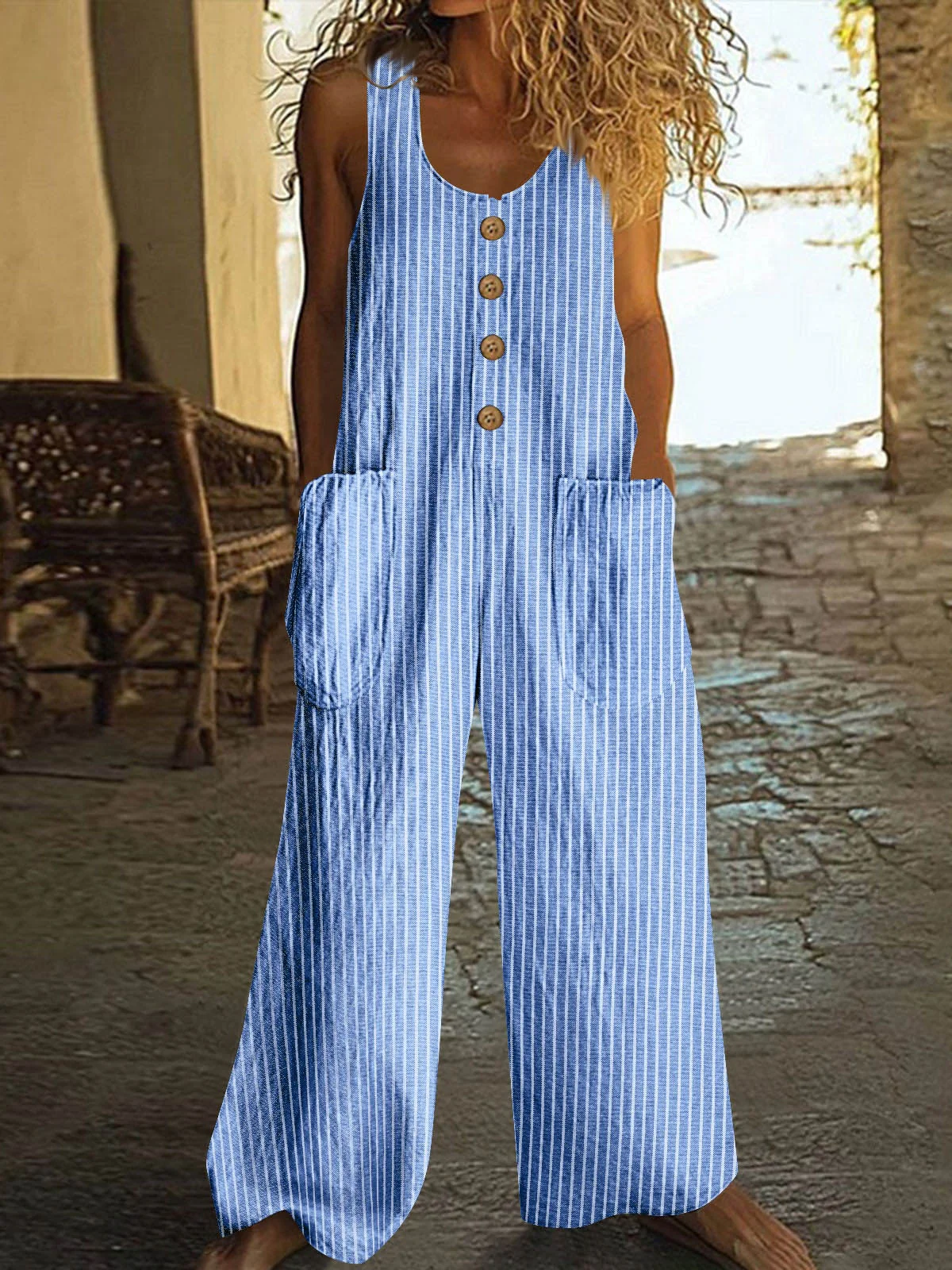 Button-up Pocket Loose Casual Striped Cotton Linen Overalls - Image 5