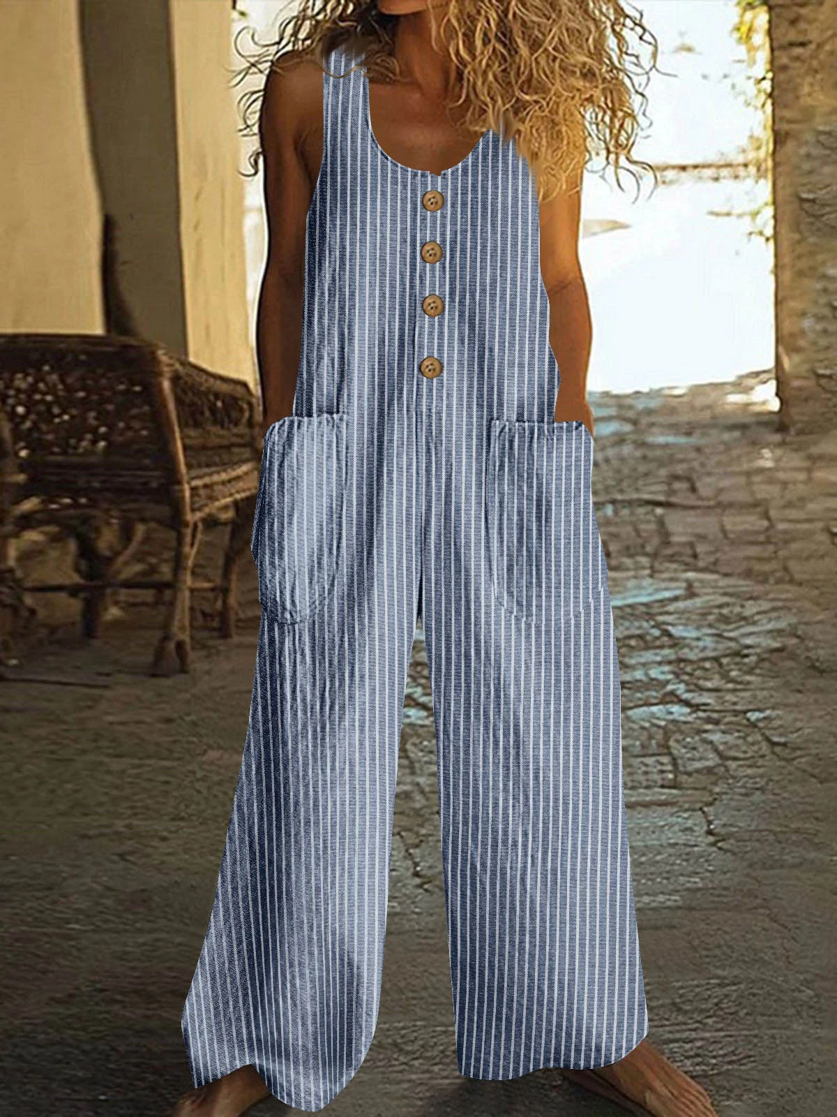 Button-up Pocket Loose Casual Striped Cotton Linen Overalls - Image 6