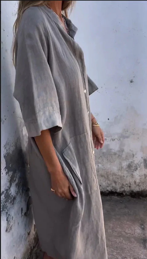 Mid-length Sleeve Cotton Linen Buttons Solid Color Midi Dresses - Image 2