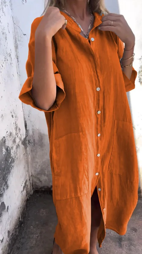 Mid-length Sleeve Cotton Linen Buttons Solid Color Midi Dresses - Image 4