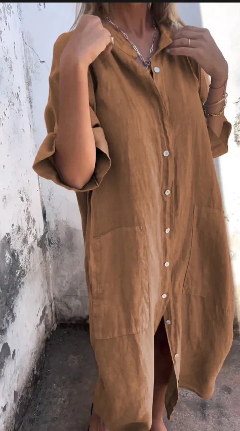 Mid-length Sleeve Cotton Linen Buttons Solid Color Midi Dresses - Image 5