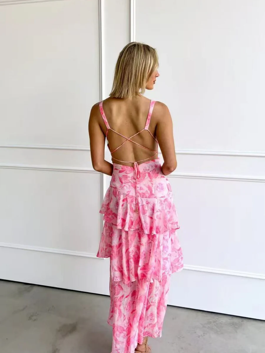 Floral Print Slim Fit Ruffled Spaghetti Strap Maxi Dress - Image 2