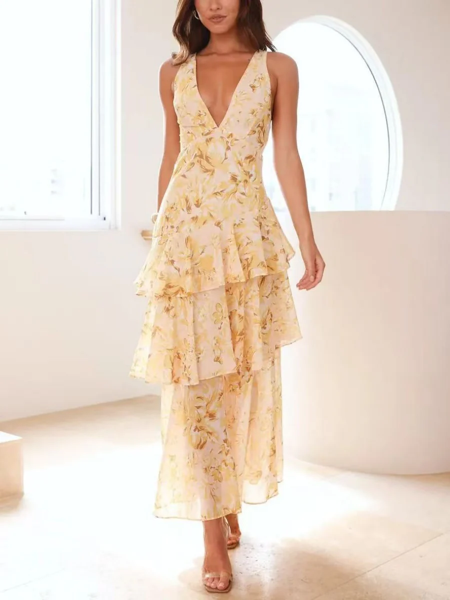 Floral Print Slim Fit Ruffled Spaghetti Strap Maxi Dress - Image 3