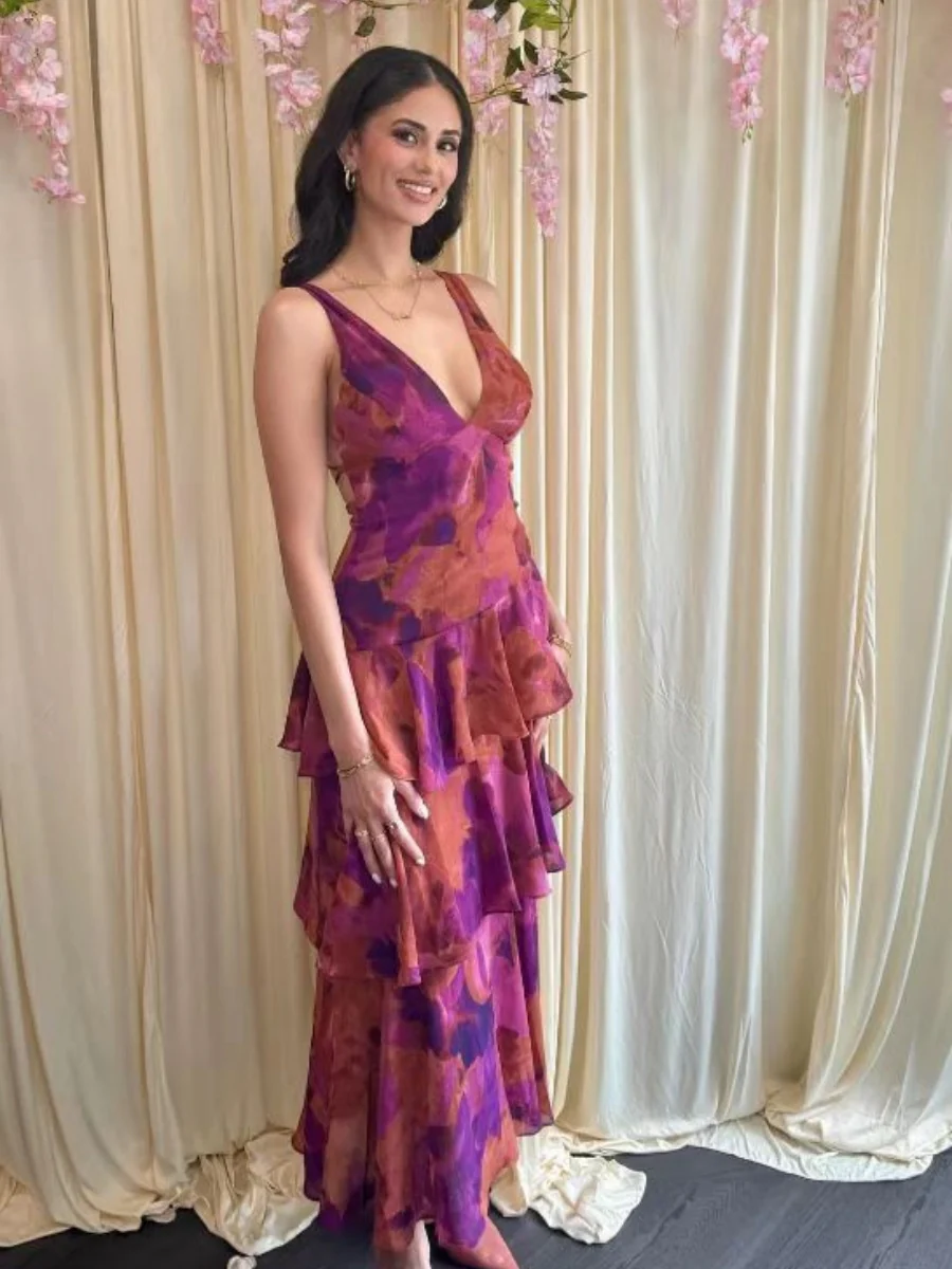 Floral Print Slim Fit Ruffled Spaghetti Strap Maxi Dress - Image 4