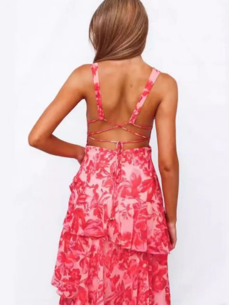 Floral Print Slim Fit Ruffled Spaghetti Strap Maxi Dress - Image 7