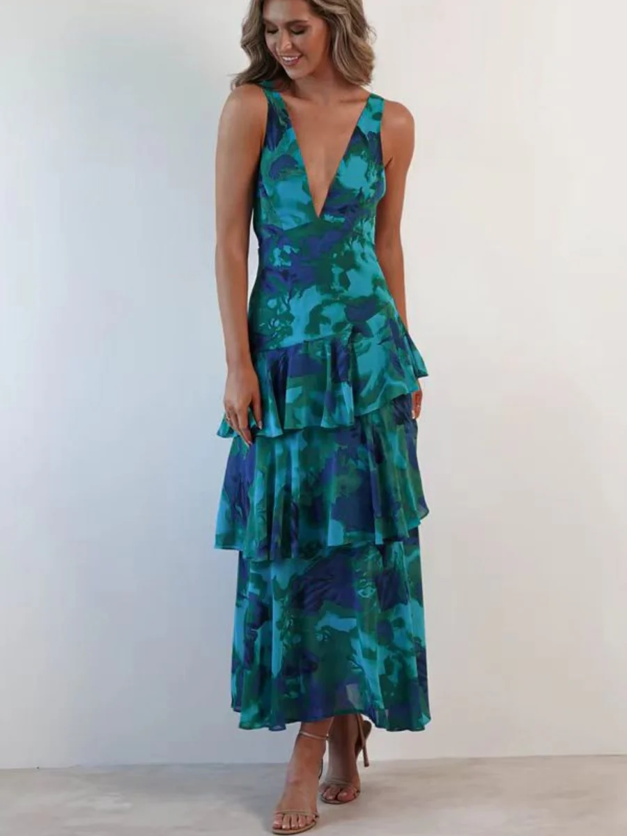 Floral Print Slim Fit Ruffled Spaghetti Strap Maxi Dress - Image 8