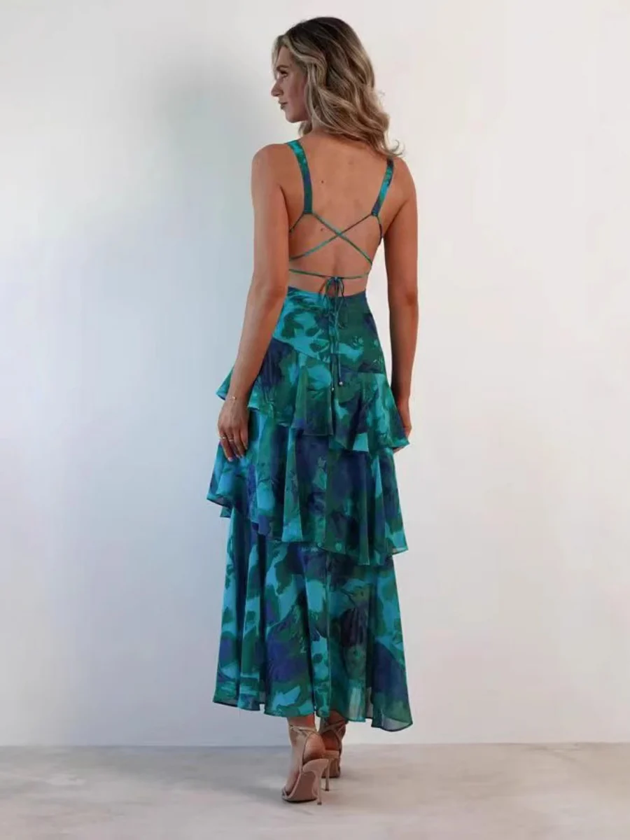 Floral Print Slim Fit Ruffled Spaghetti Strap Maxi Dress - Image 9