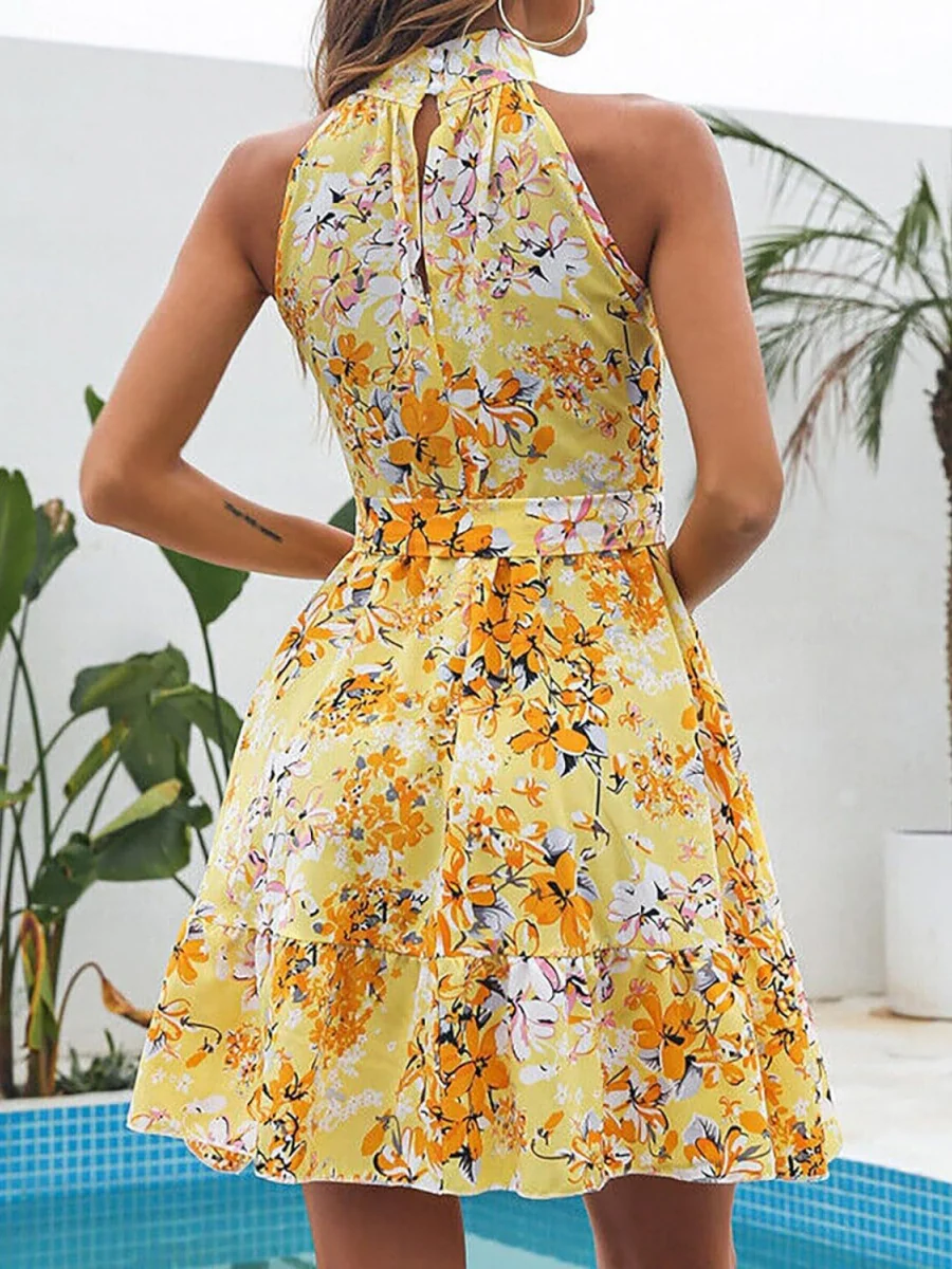 Floral Print Short Dress With Tie-up Ruffles And A Full Skirt - Image 2