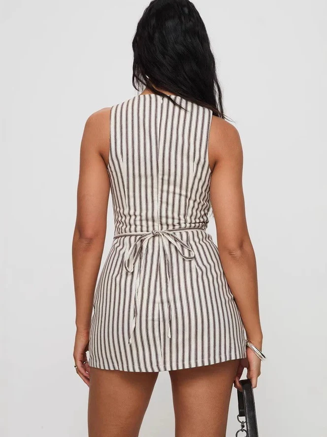 Round Neck Casual Striped Sleeveless Short Dress - Image 2