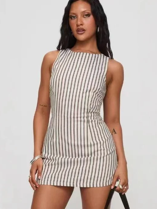 Round Neck Casual Striped Sleeveless Short Dress - Image 3