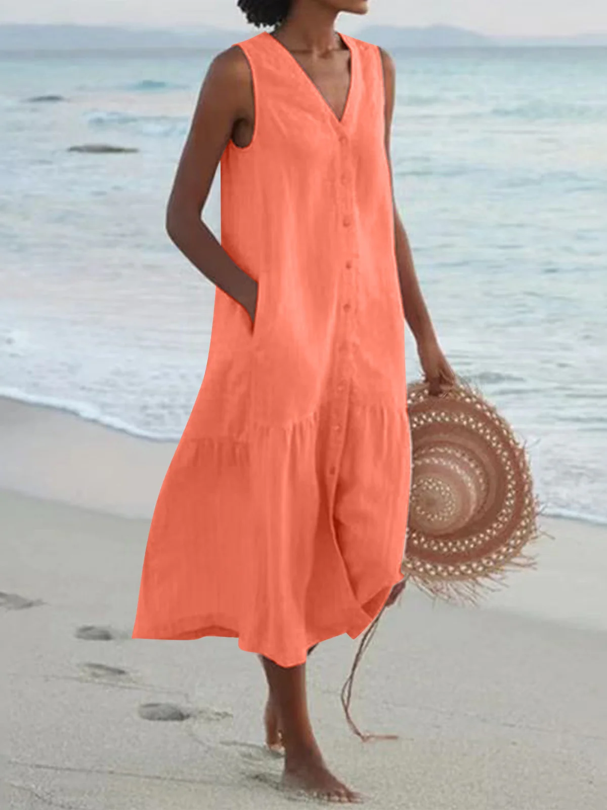 Loose-fitting V-neck Midi Dress - Image 4