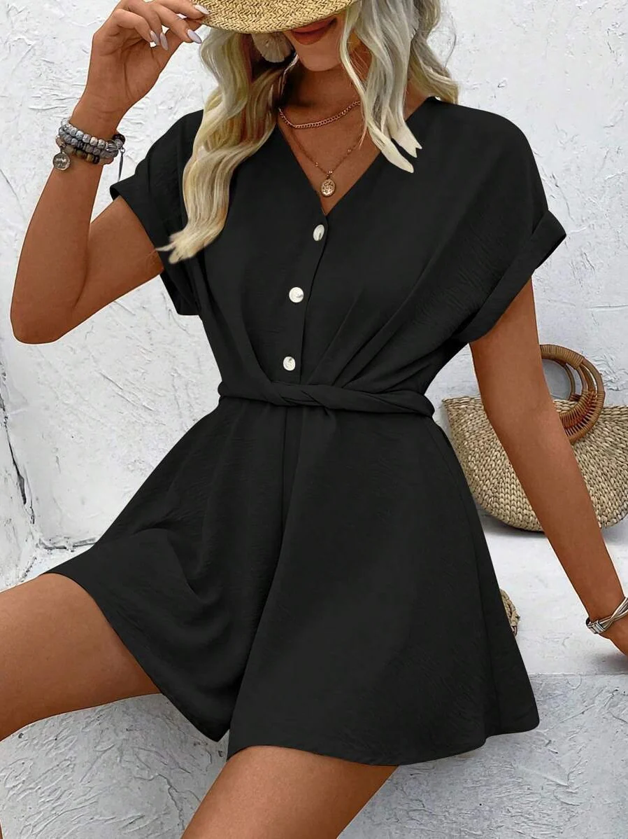 Batwing Sleeve Twisted Jumpsuit Shorts - Image 11