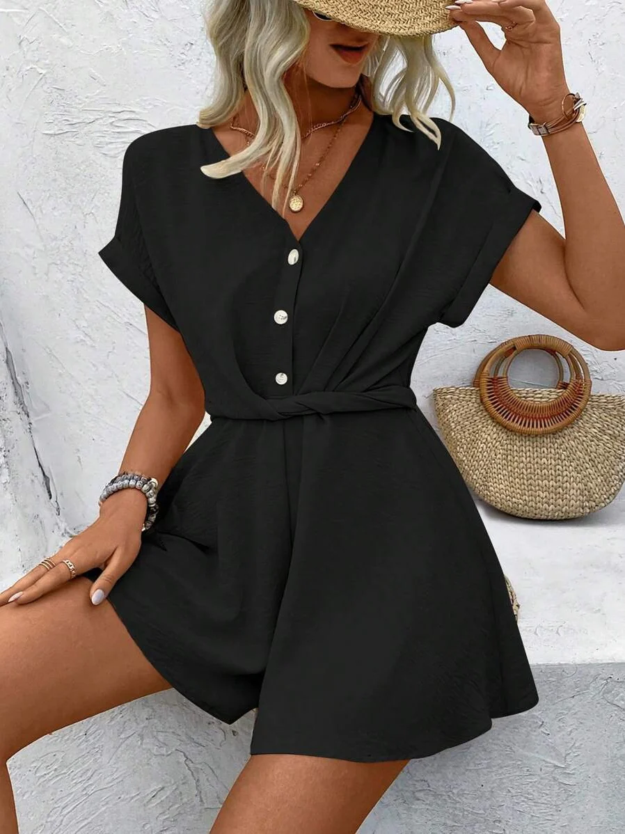Batwing Sleeve Twisted Jumpsuit Shorts - Image 9