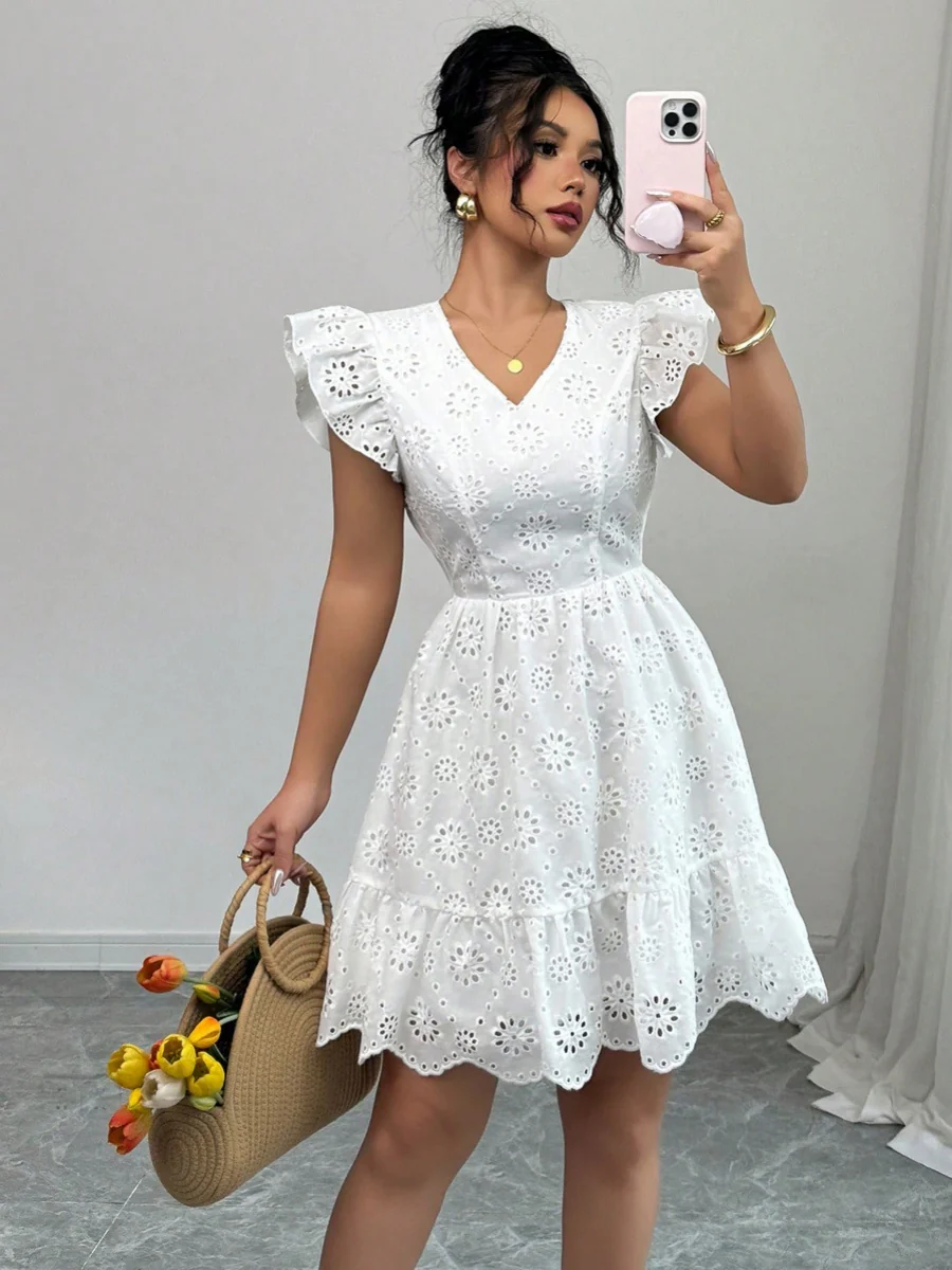 Chain Link Geometric Patterned Wood Ear Trim Mini&Short Dresses - Image 4
