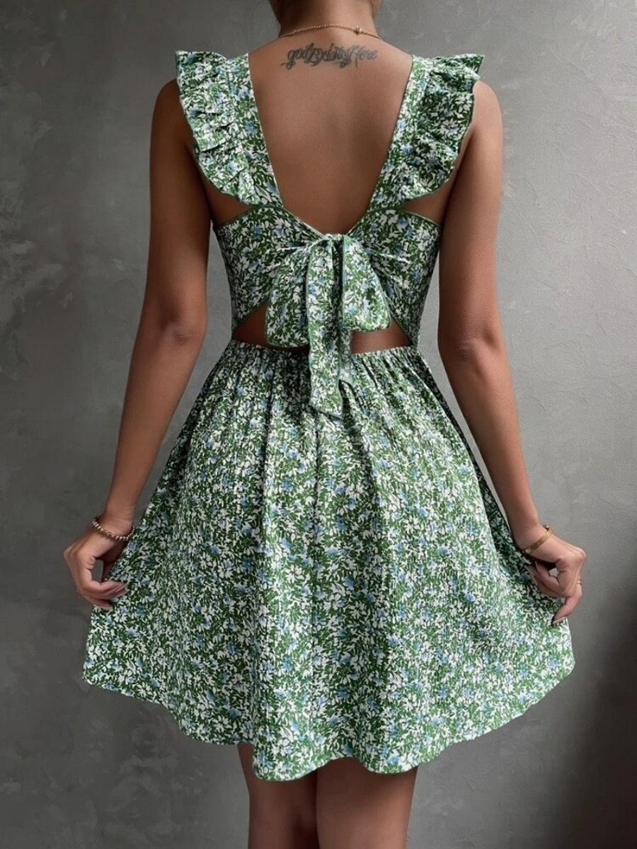 Ruffled Square Neckline, Lotus Leaf Shoulders, Bow-tie, Full Skirt, Floral Print Short Dress - Image 2