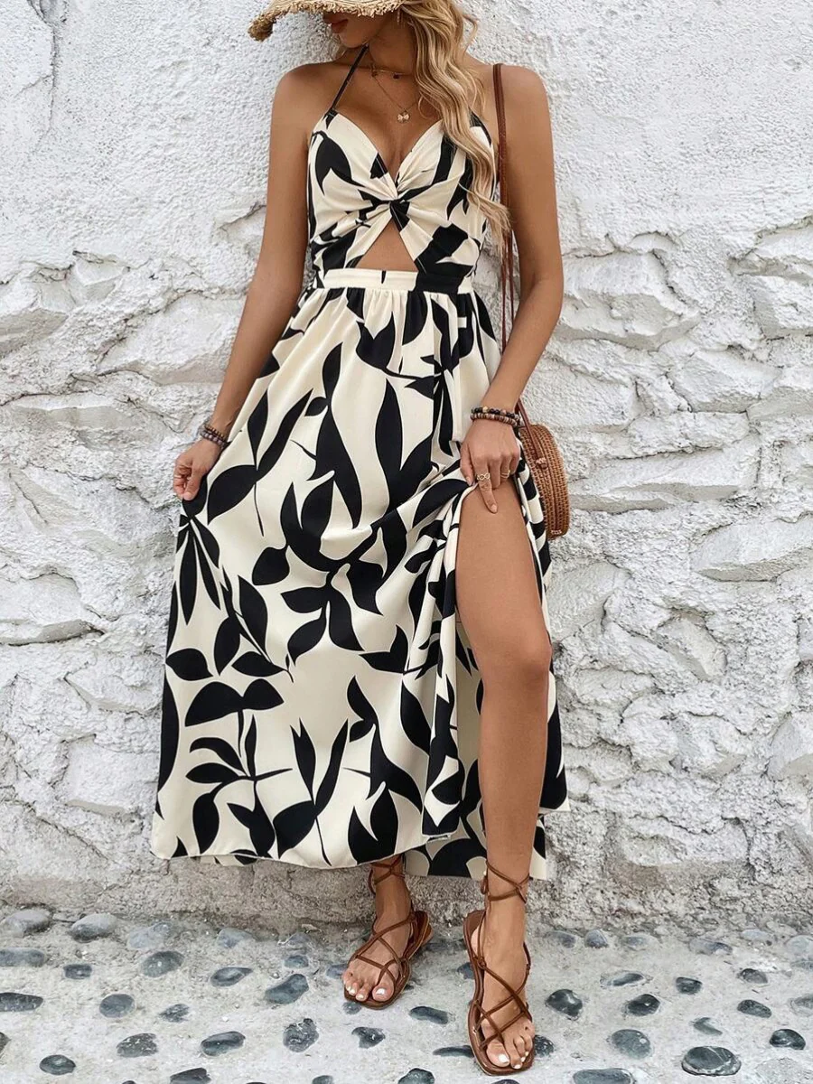 Leaf Print Hollow-Out Pleated Halter Neck Long Dress